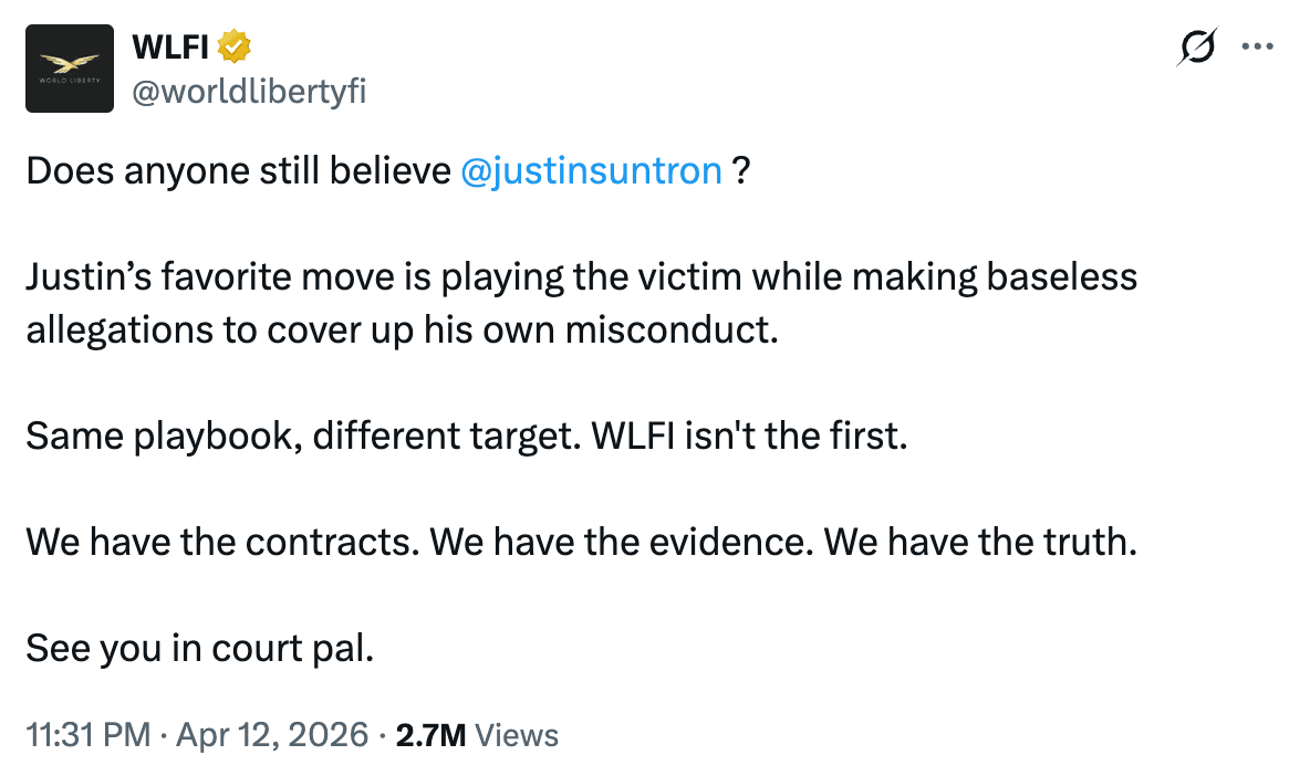 Justin Sun WLFI Dispute