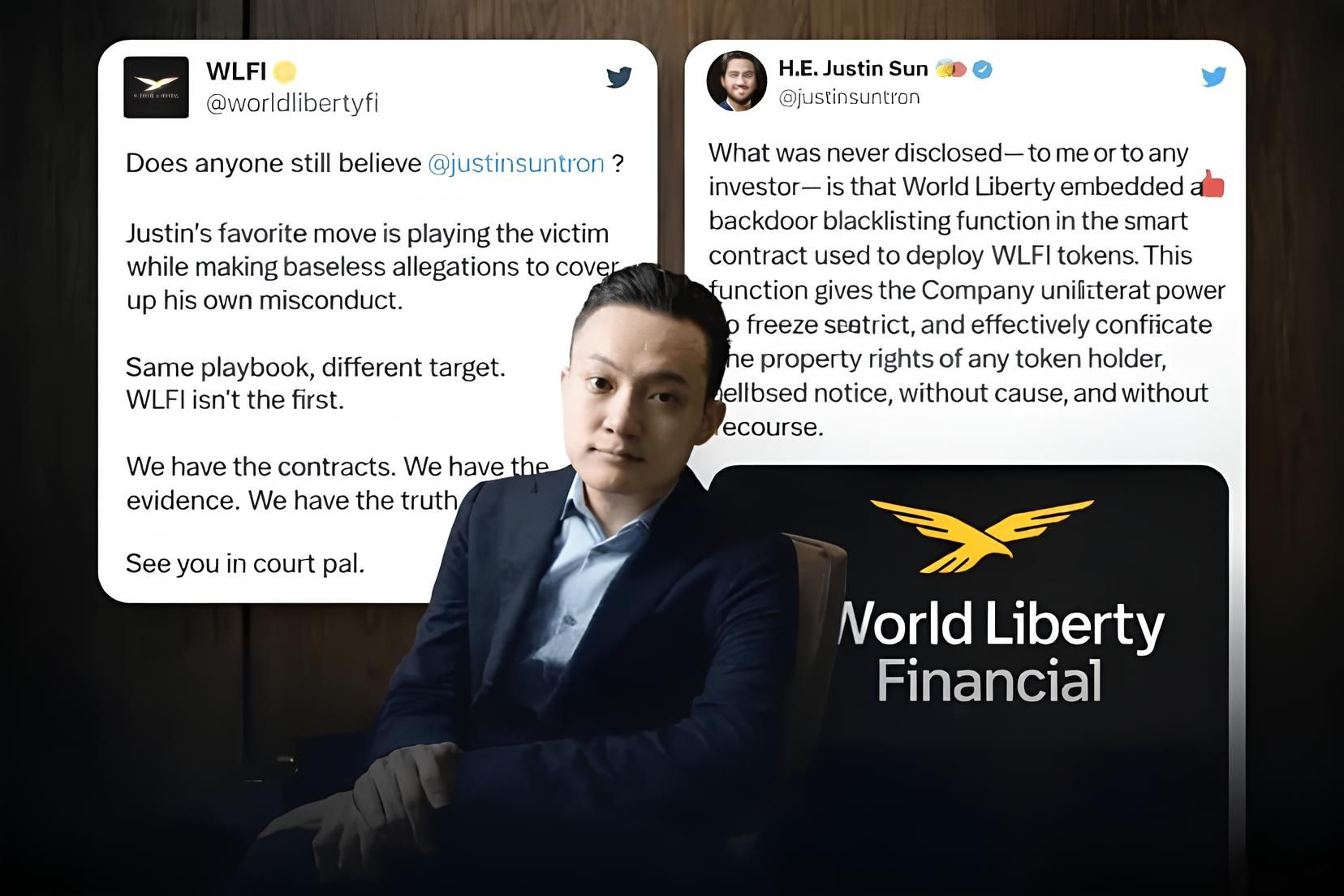 Justin Sun and WLFI clash over token freeze accusations, highlighting controversy around blacklisting and centralized control in DeFi projects.